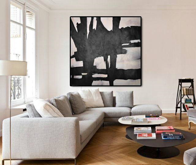 Extra Large Canvas Art,Hand-Painted Oversized Minimal Black And White Painting,Modern Wall Decor
